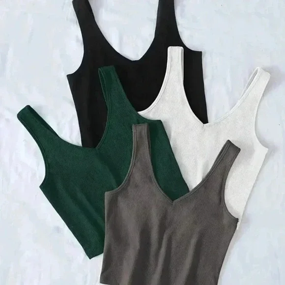 4pcs Slight Stretch V-neck Crop Tops Color:(Green+Grey+White+Black) - Picture 5 of 5